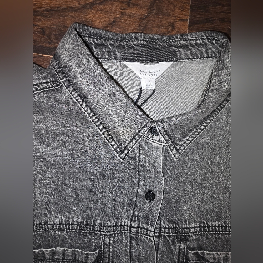 Nicole Miller New York-Black Denim Oversized Crop Button Up Size Large - Picture 4 of 6